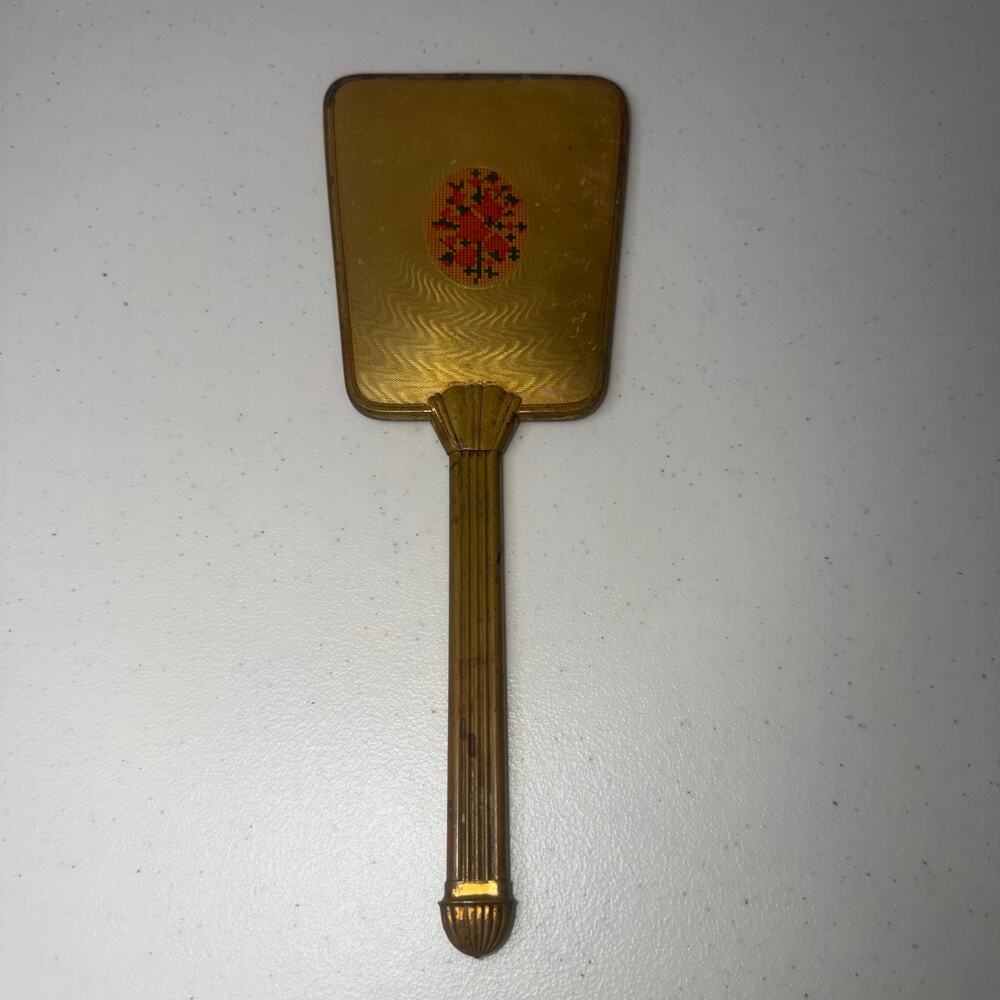 Rare Vintage 1950s Gold Tone Brass Hand Held Vanity Mirror Art Deco Victorian